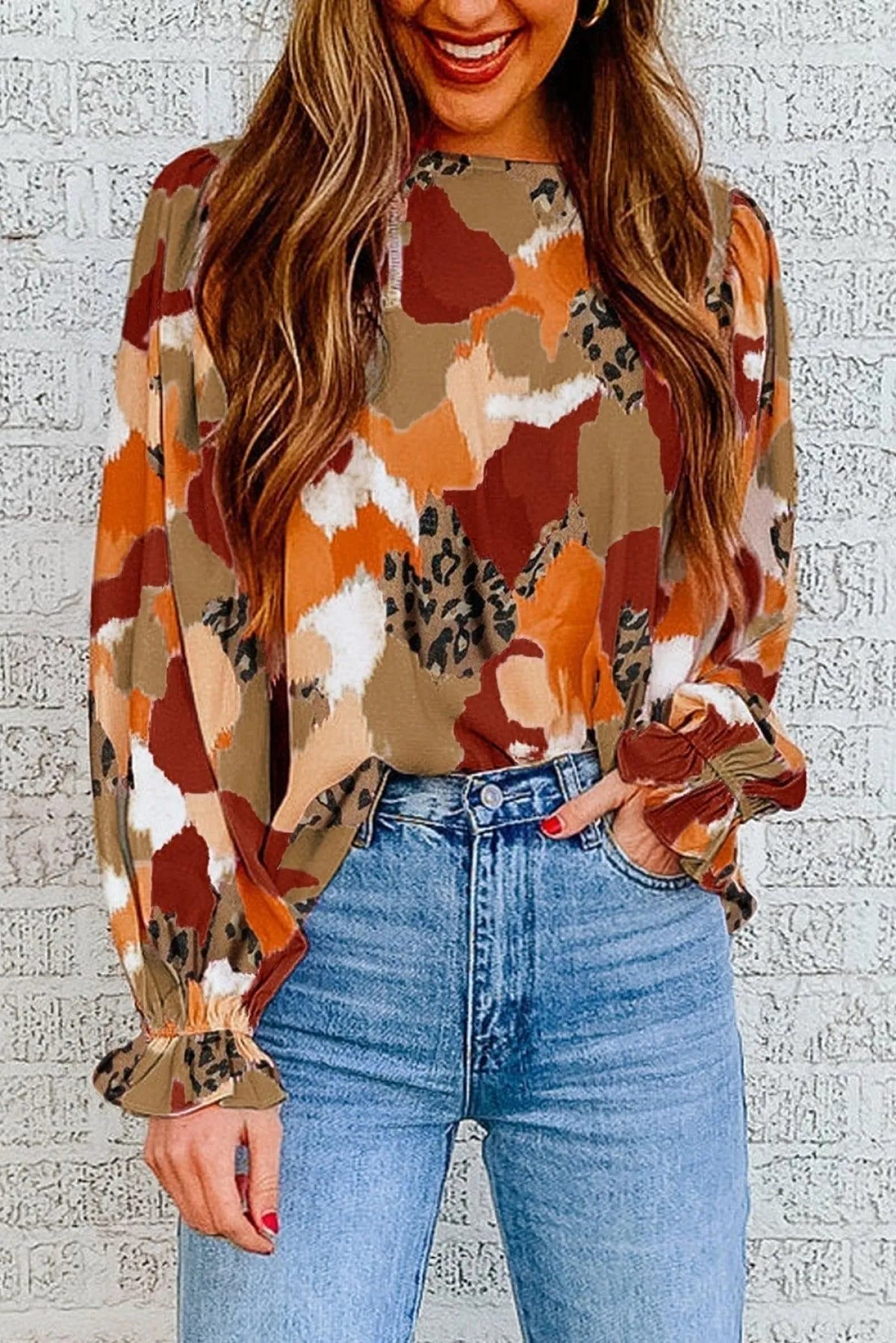 Abstract Print Long Sleeve Blouse Multicolor Jewelry Bubble