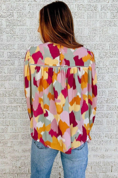 Abstract Print Long Sleeve Blouse Multicolor Jewelry Bubble