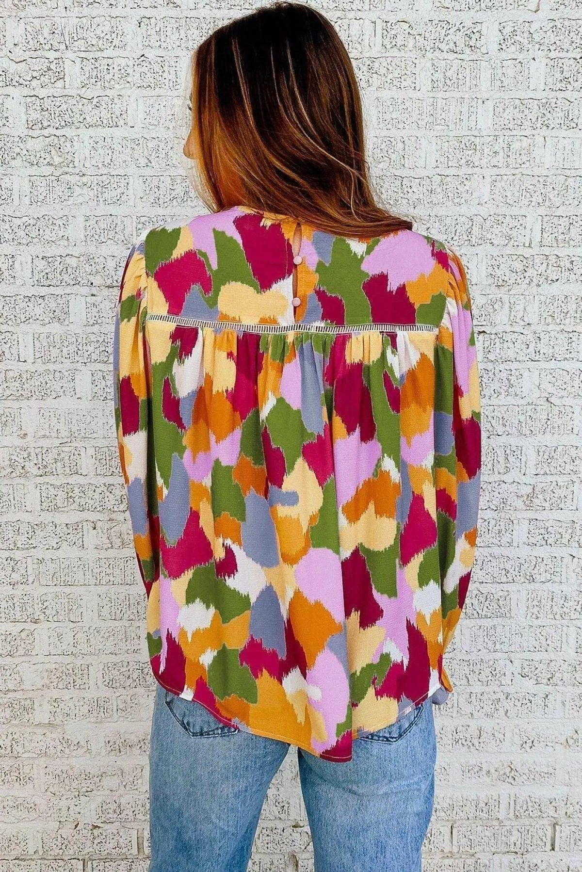 Abstract Print Long Sleeve Blouse Multicolor Jewelry Bubble