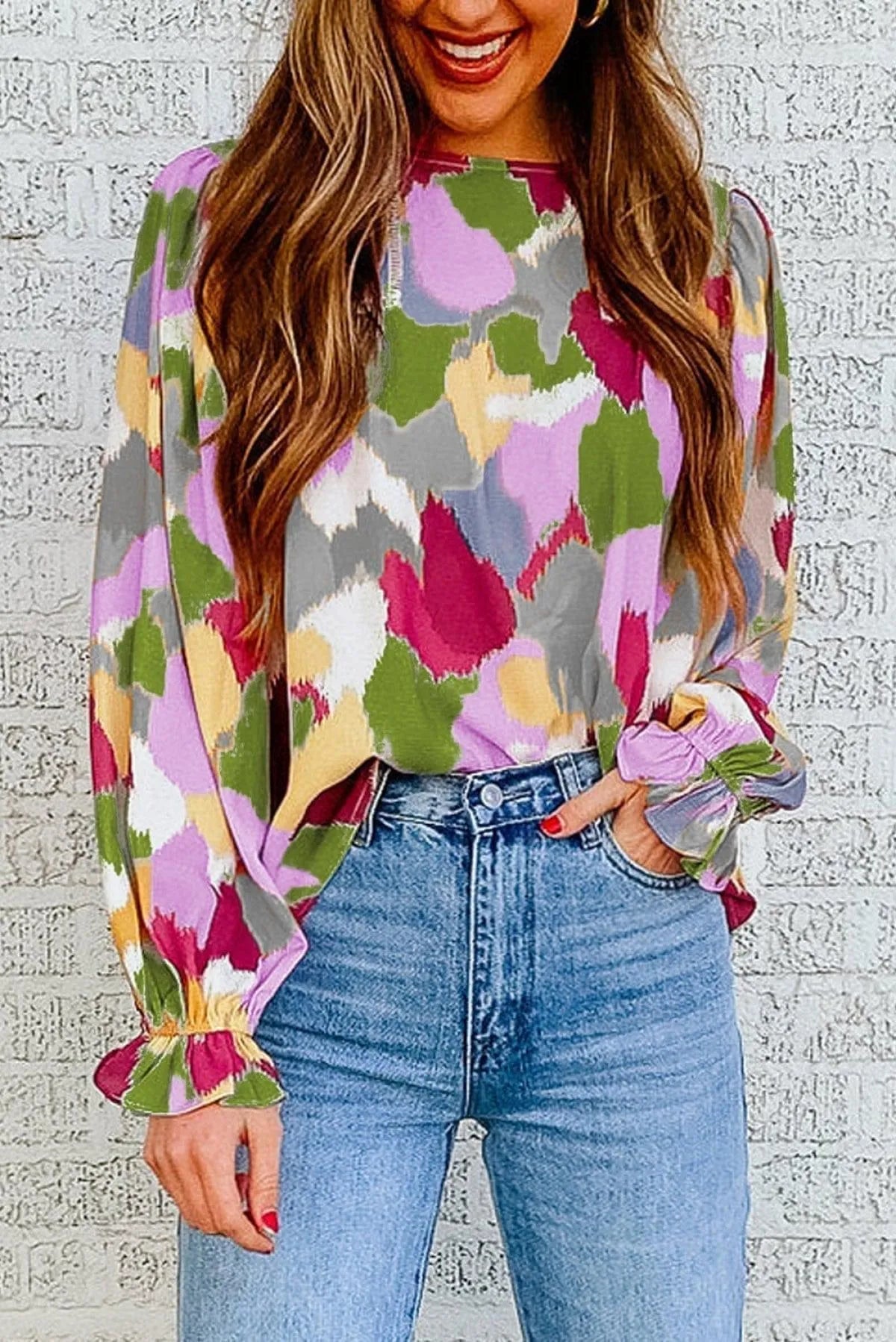 Abstract Print Long Sleeve Blouse Multicolor Jewelry Bubble