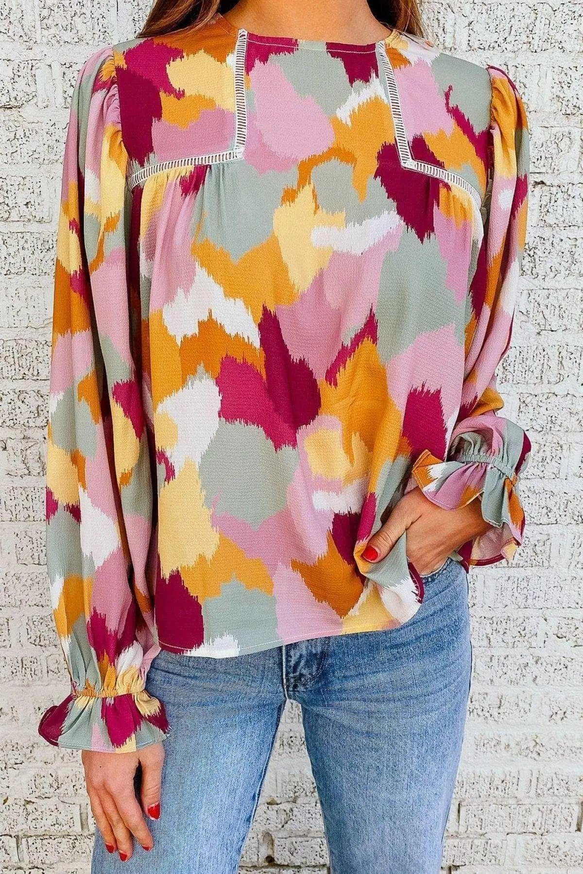 Abstract Print Long Sleeve Blouse Multicolor Jewelry Bubble