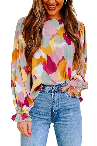 Abstract Print Long Sleeve Blouse Multicolor Jewelry Bubble