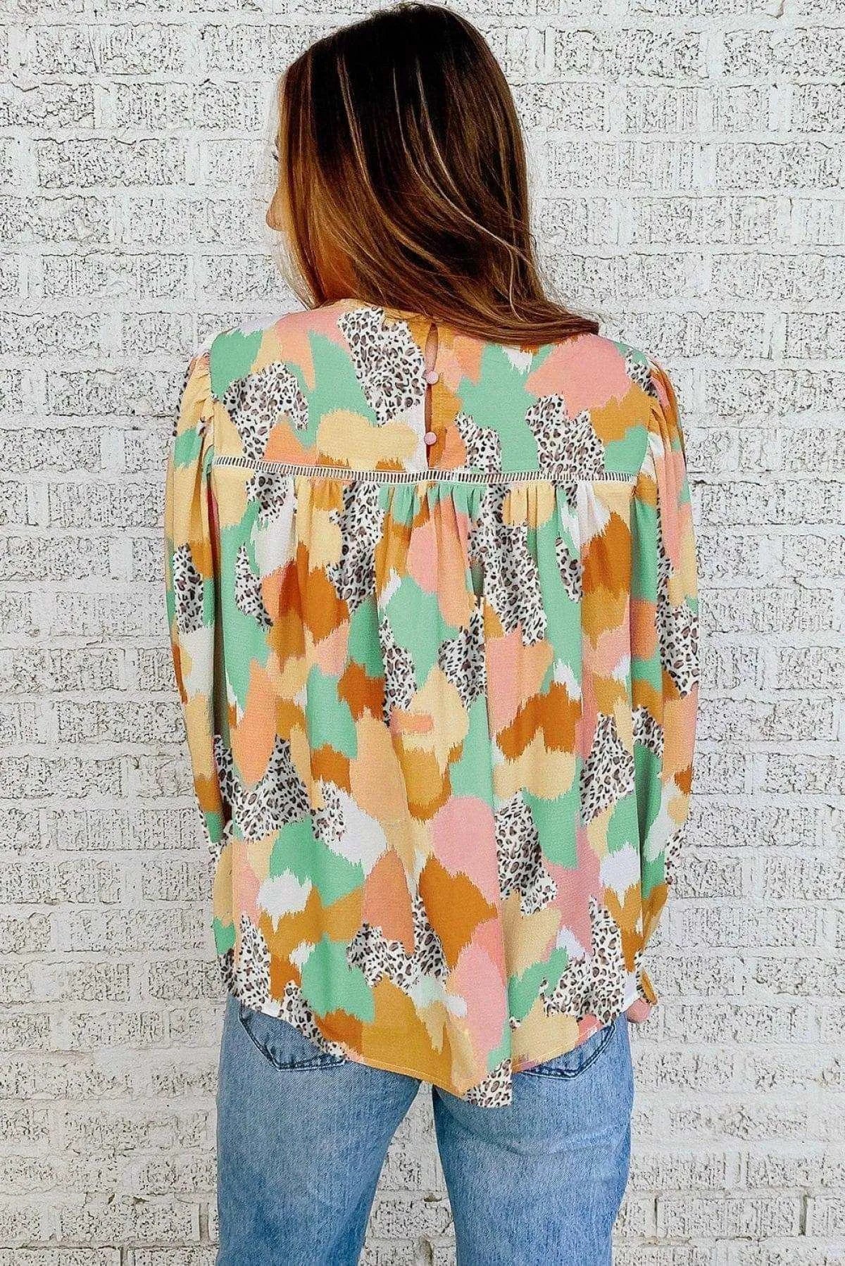 Abstract Print Long Sleeve Blouse Multicolor Jewelry Bubble