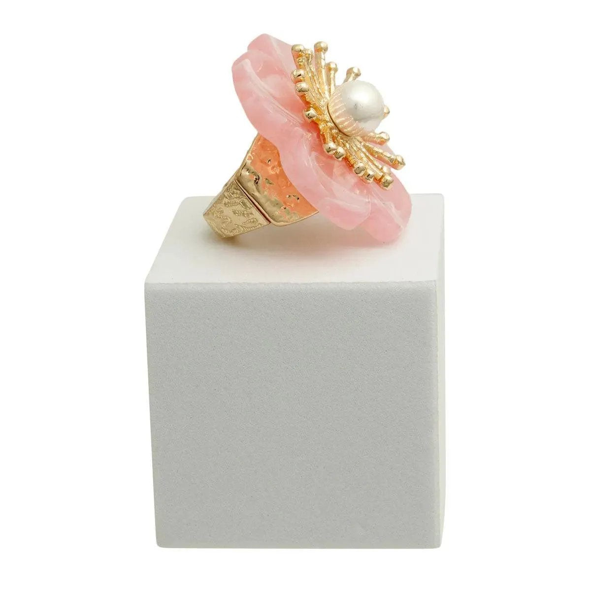 Acrylic Pink Flower Ring with Gold Tone Stretch Band | Fashion Jewelry