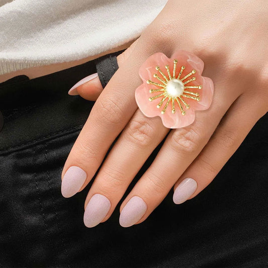 Acrylic Pink Flower Ring with Gold Tone Stretch Band | Fashion Jewelry Jewelry Bubble