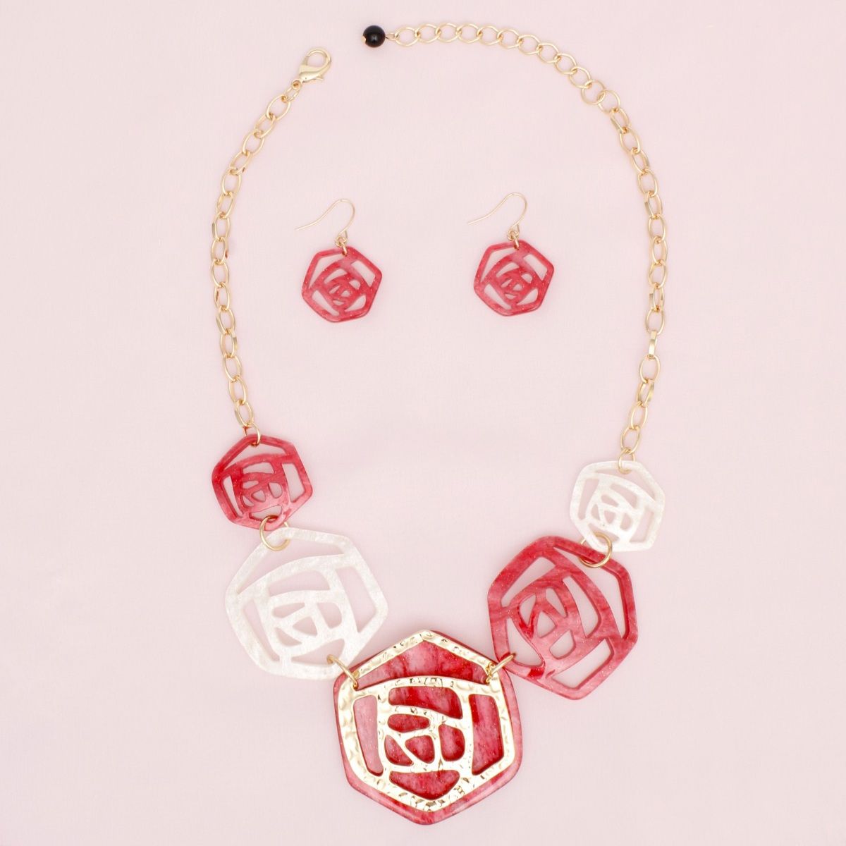 Acrylic Rose Necklace Marbled Red White Flowers Gold Chain Set