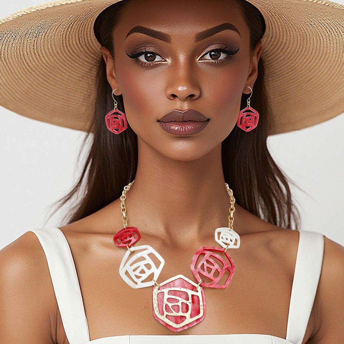 Acrylic Rose Necklace Marbled Red White Flowers Gold Chain Set