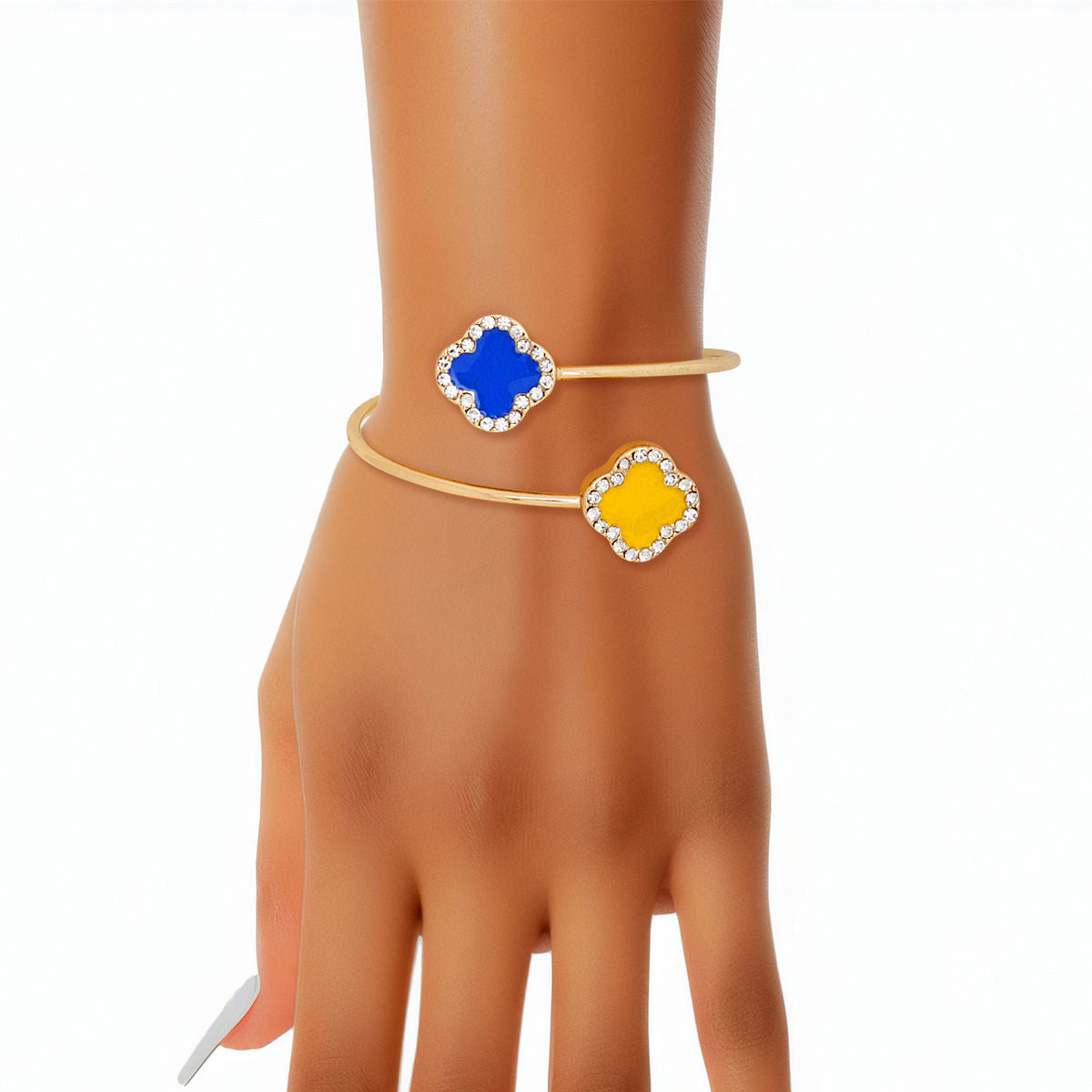 Adjustable Gold Bracelet Blue Gold Quatrefoil Clover Wire By-Pass