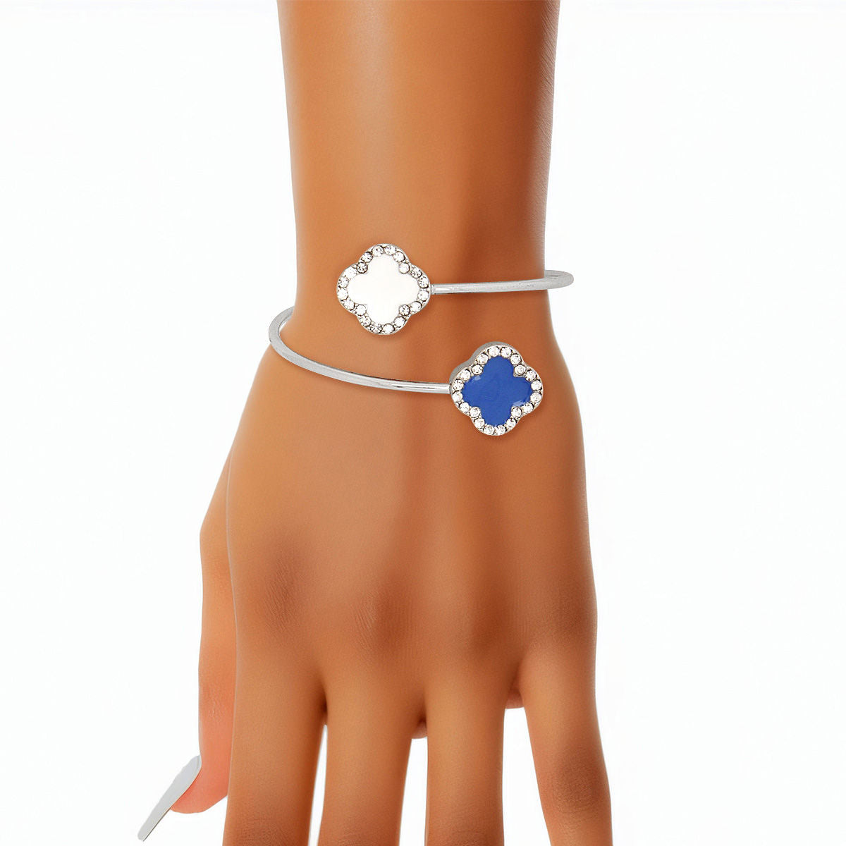 Adjustable Silver Bracelet White Blue Quatrefoil Clover Wire By-Pass