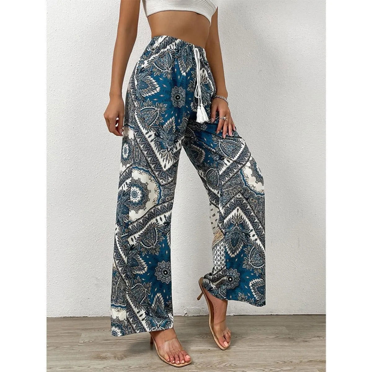 All Over Plants Print Tie Front High Waist Pants Jewelry Bubble