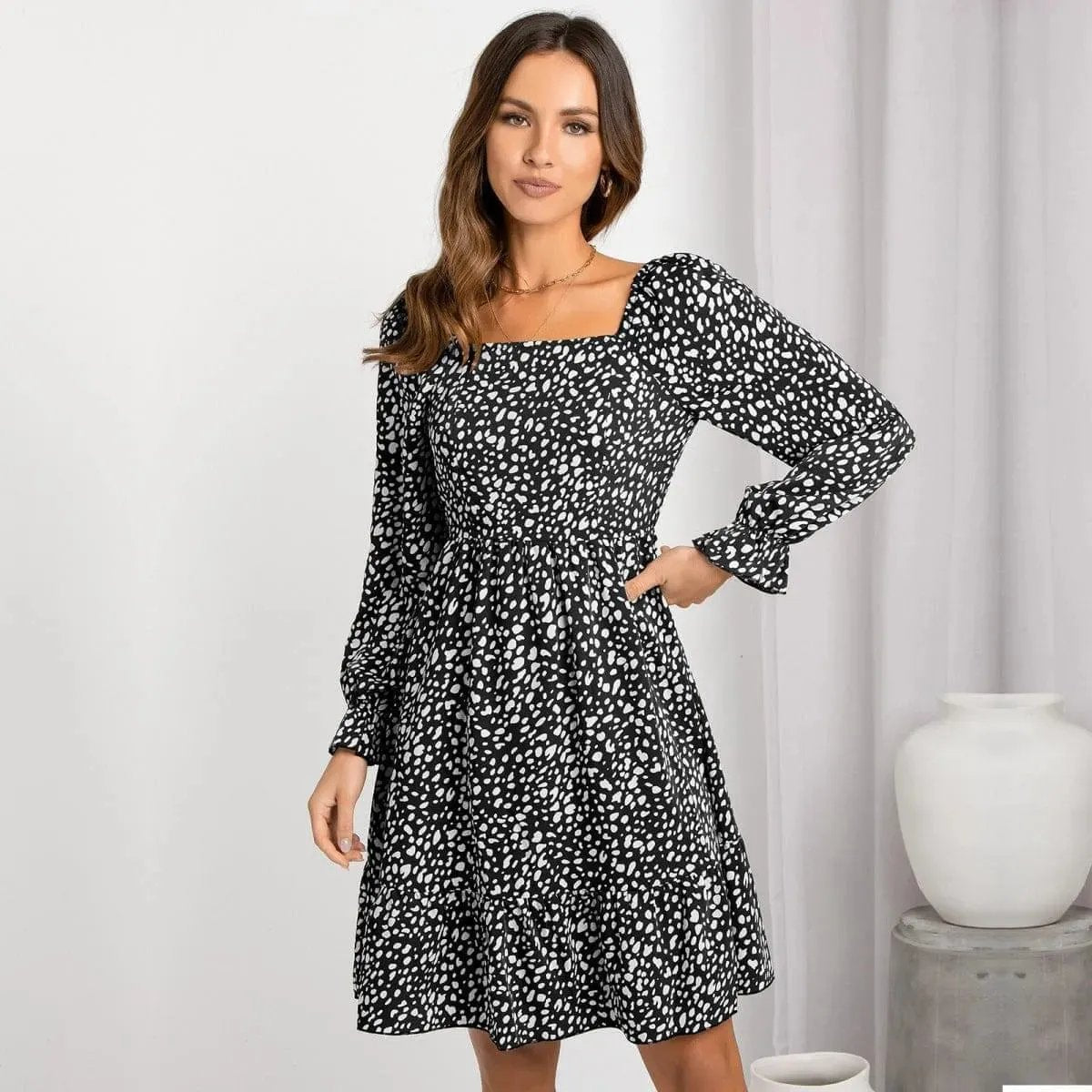 All Over Print Square Neck Cinched Waist Dress