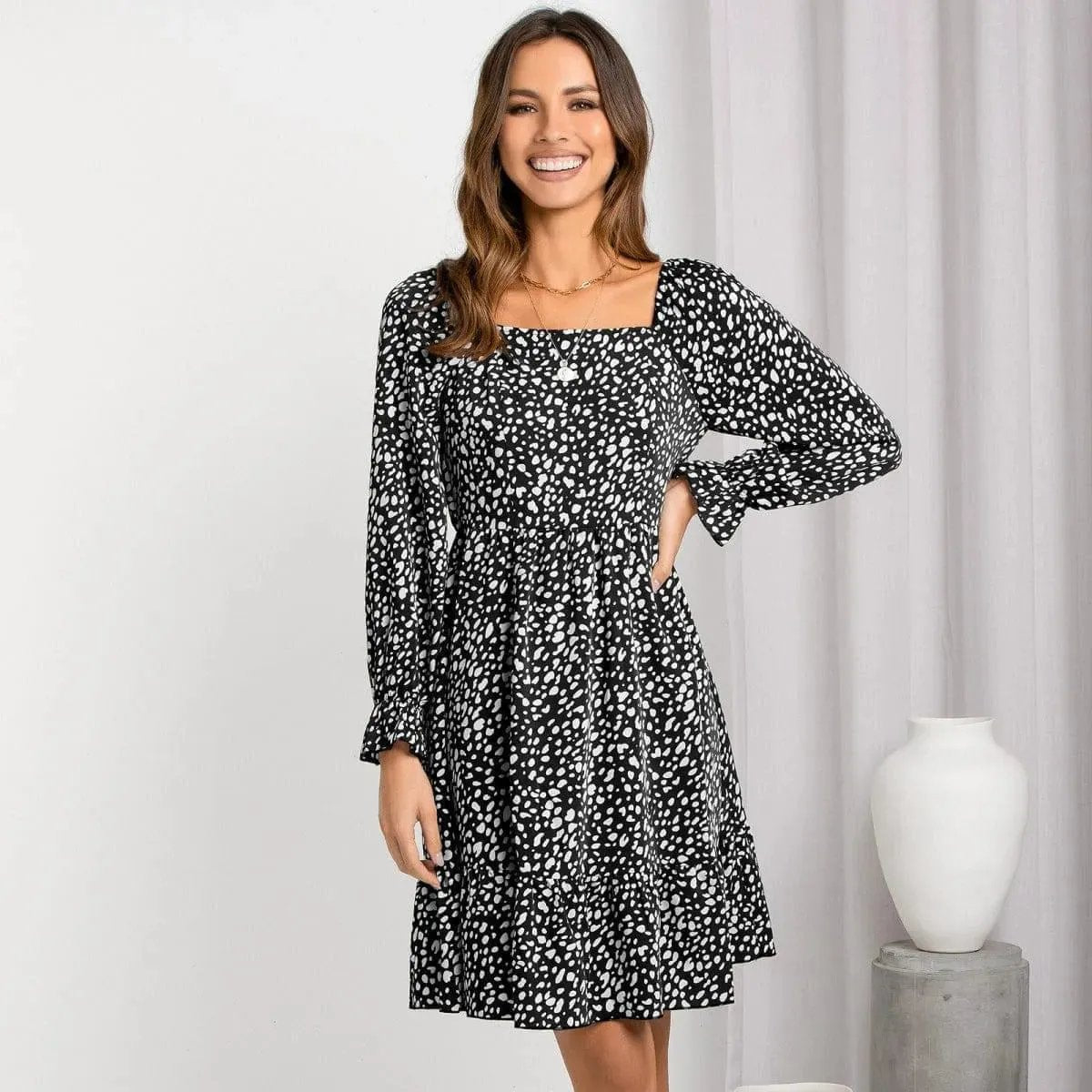 All Over Print Square Neck Cinched Waist Dress