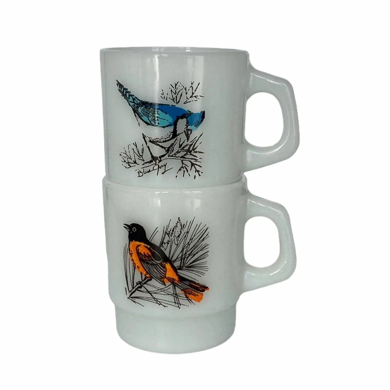 Anchor Hocking Milk Glass Vintage Mugs - Songbirds
