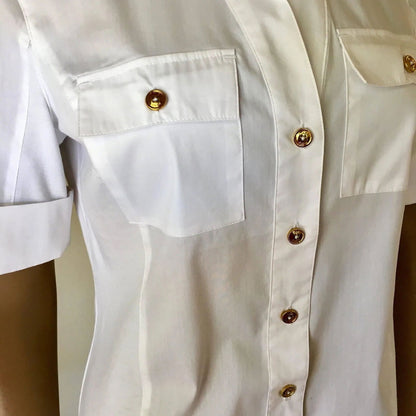 Anne Klein Women's Top Split V-Neck Short Sleeve White Blouse Shirt Jewelry Bubble