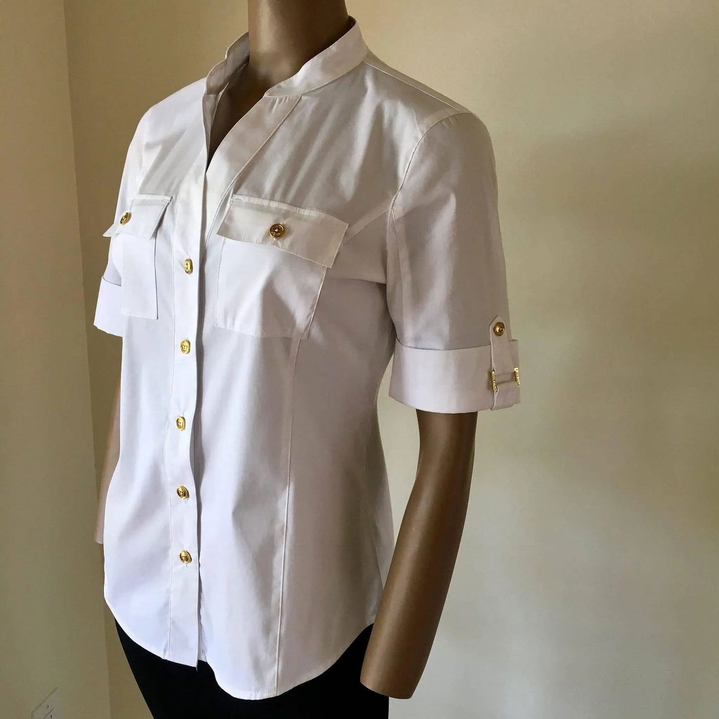 Anne Klein Women's Top Split V-Neck Short Sleeve White Blouse Shirt Jewelry Bubble