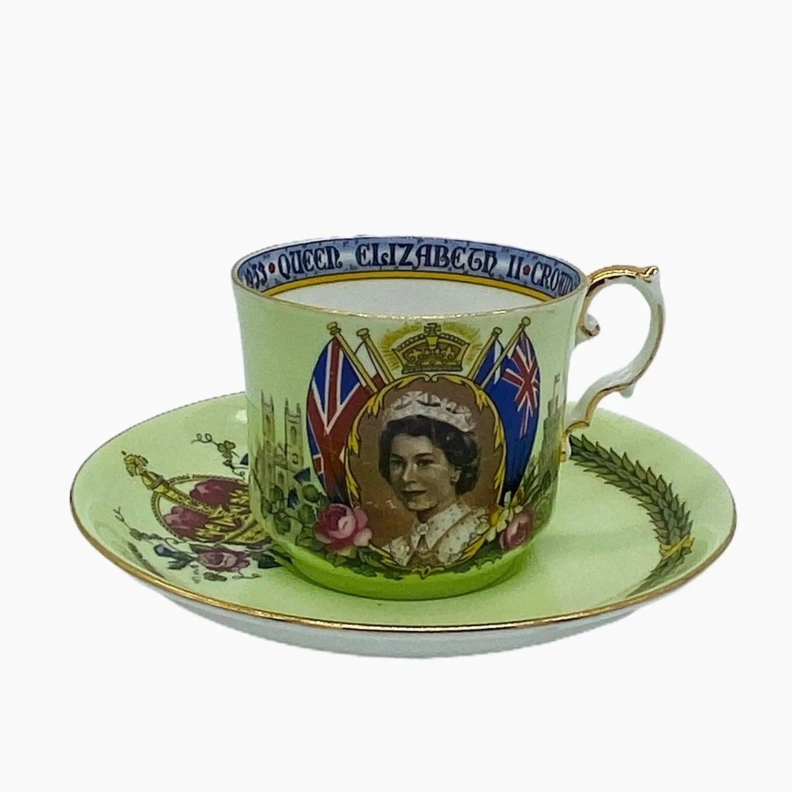 Antique Aynsley Bone China Mint Green Coronation Queen Elizabeth II Cup Saucer Set