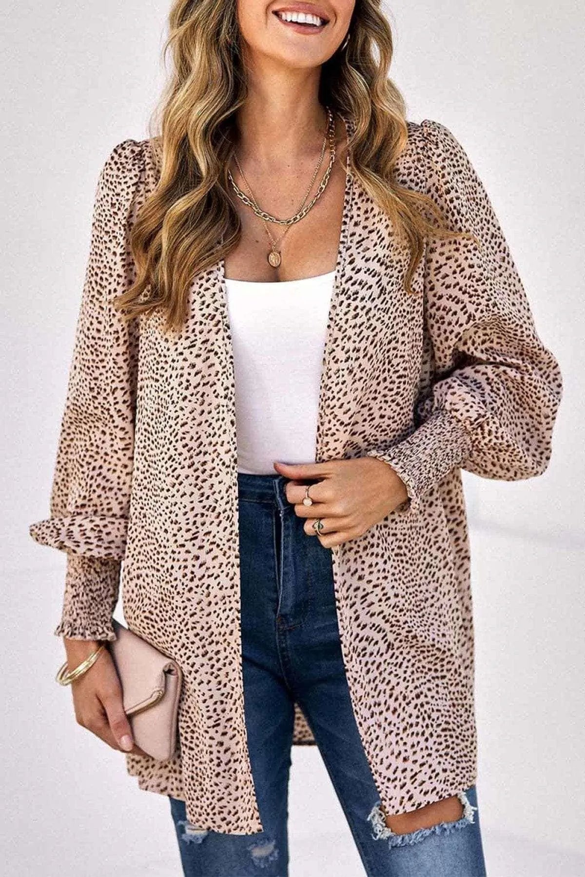 Apricot Animal Print Shirred Cuff Lantern Sleeve Cardigan Jewelry Bubble