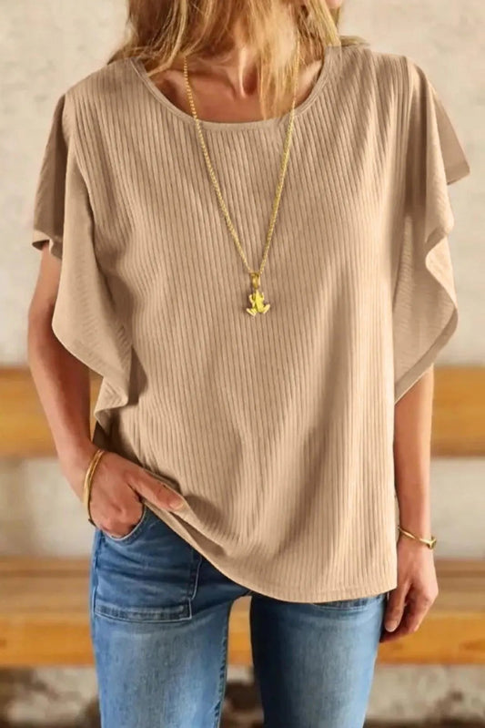 Apricot Ruffled Ribbed Knit Loose Top Jewelry Bubble