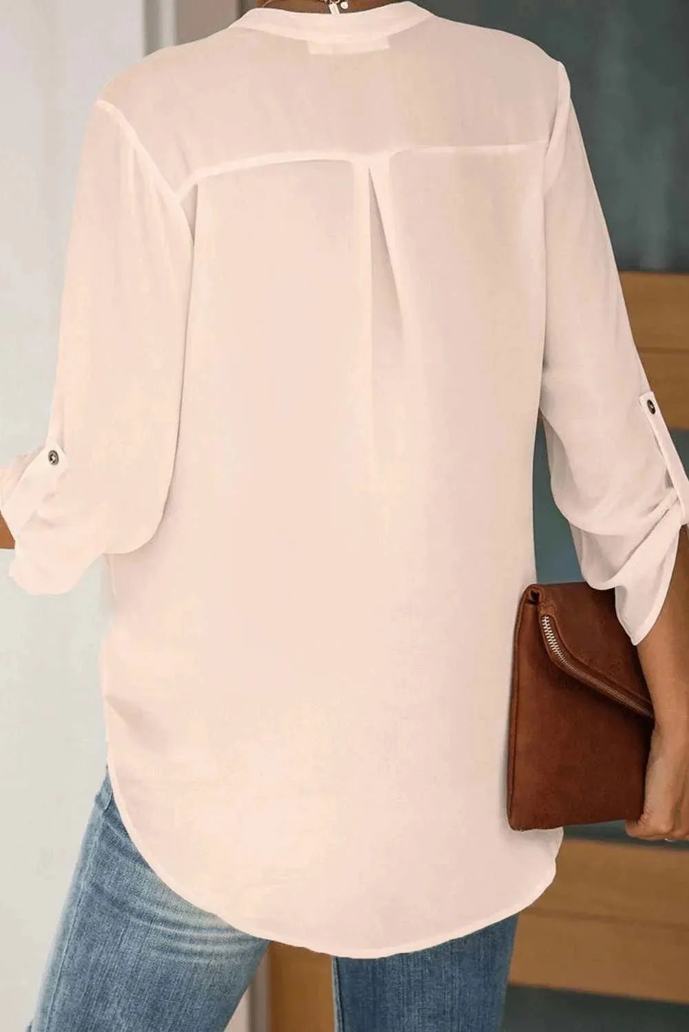 Apricot Split Collar Roll Up Sleeve Blouse