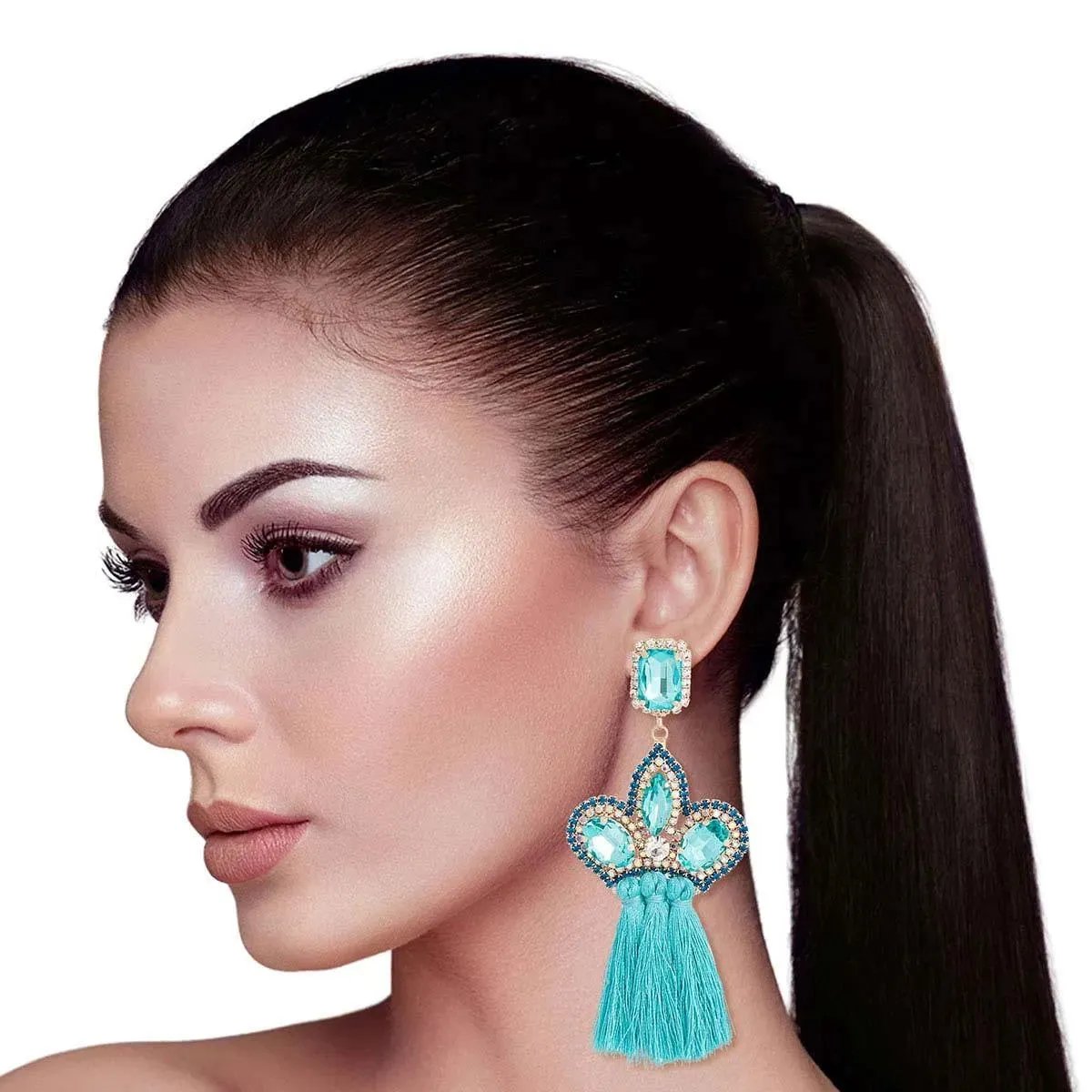 Aqua Jewel Tassel Drop Fashion Earrings - Shop Now!