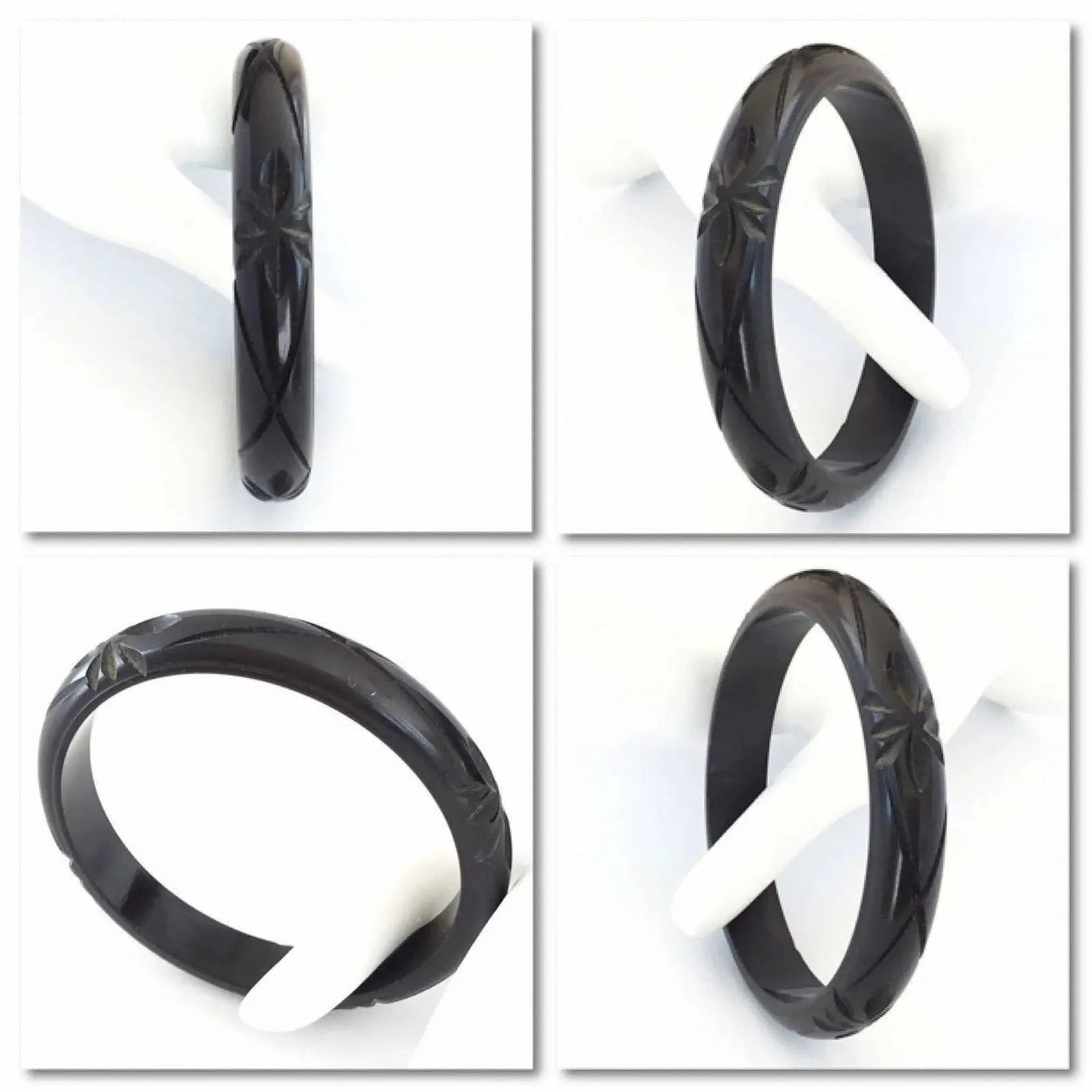 Art Deco black Bakelite bangle deep carved