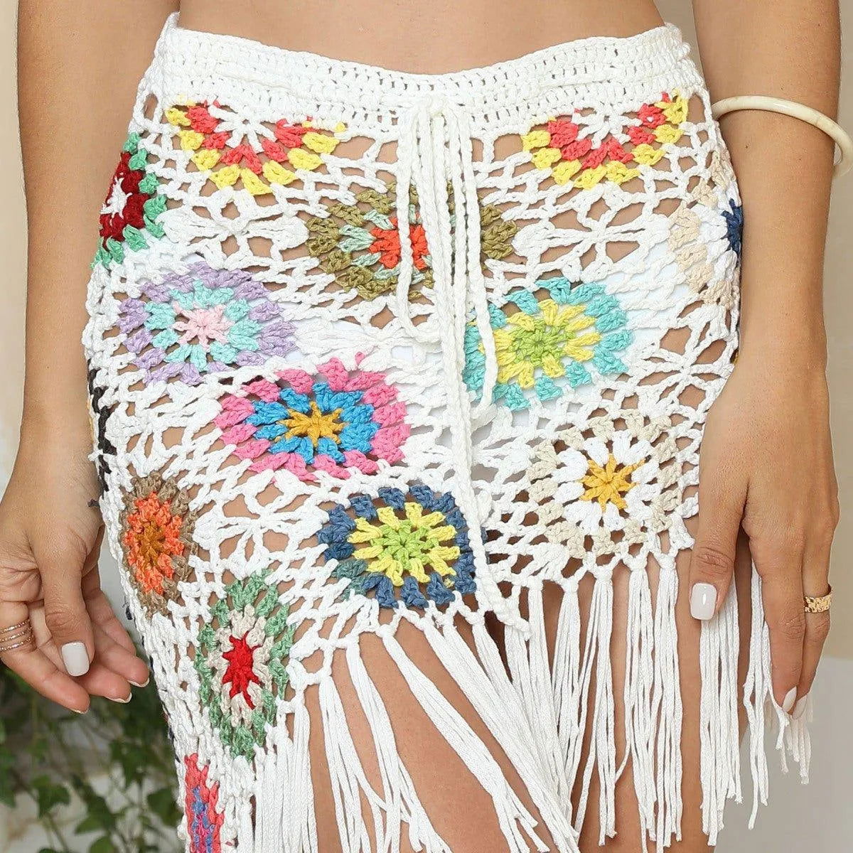 Asymmetric Fringe Detail Crochet Beach Halter Skirt Set Jewelry Bubble