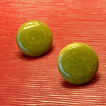 Bakelite Earrings, Vintage Round and Quite Large Green with Swirls Jewelry Bubble