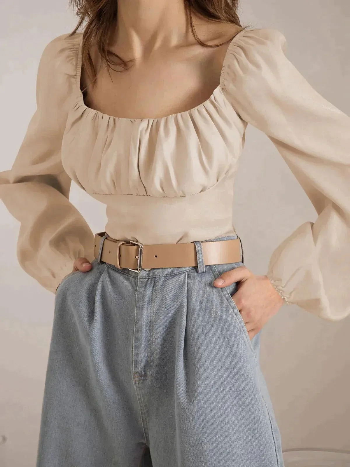 Ballon Sleeve Square Neck Crop Top Jewelry Bubble