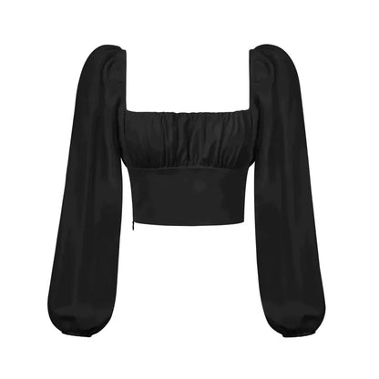 Ballon Sleeve Square Neck Crop Top Jewelry Bubble