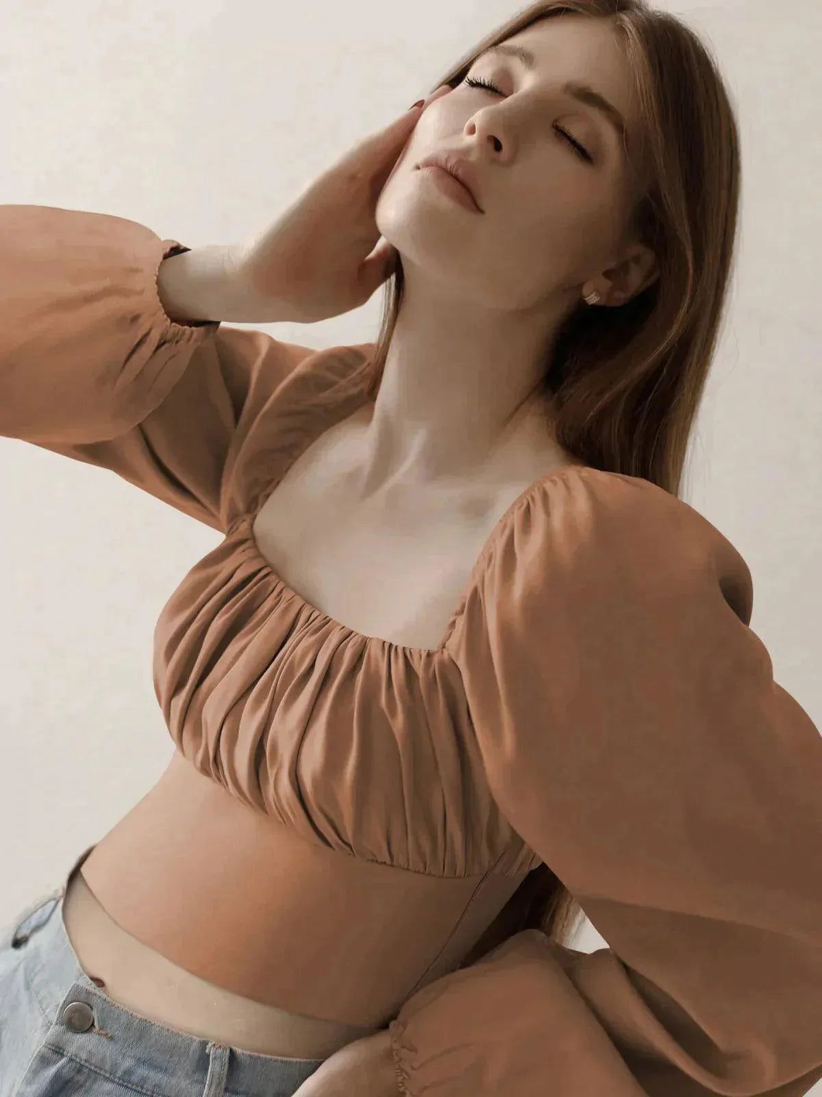 Ballon Sleeve Square Neck Crop Top Jewelry Bubble