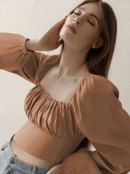 Ballon Sleeve Square Neck Crop Top Jewelry Bubble