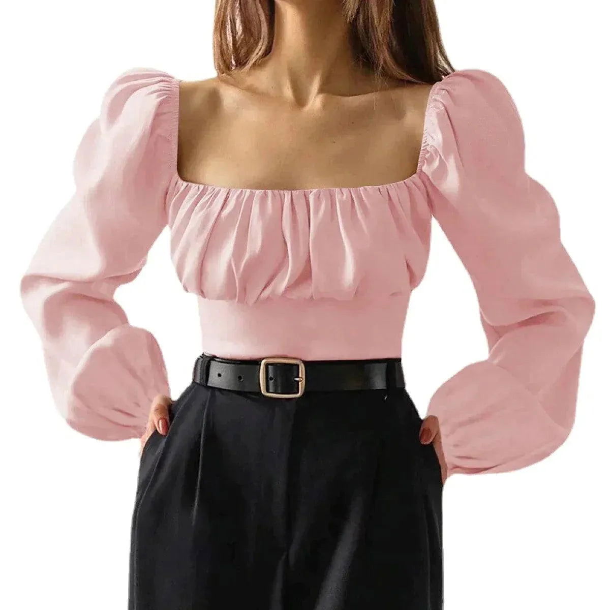 Ballon Sleeve Square Neck Crop Top Jewelry Bubble