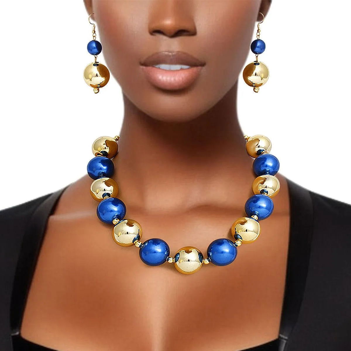 Bauble Pearl Blue Gold Necklace Earrings Set - Level Up Your Fashion Jewelry Collection Jewelry Bubble