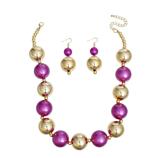Bauble Pearl Fuchsia Gold Necklace Earrings Set - Level Up Your Fashion Jewelry Collection Pinktown