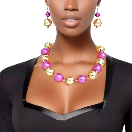 Bauble Pearl Fuchsia Gold Necklace Earrings Set - Level Up Your Fashion Jewelry Collection Pinktown