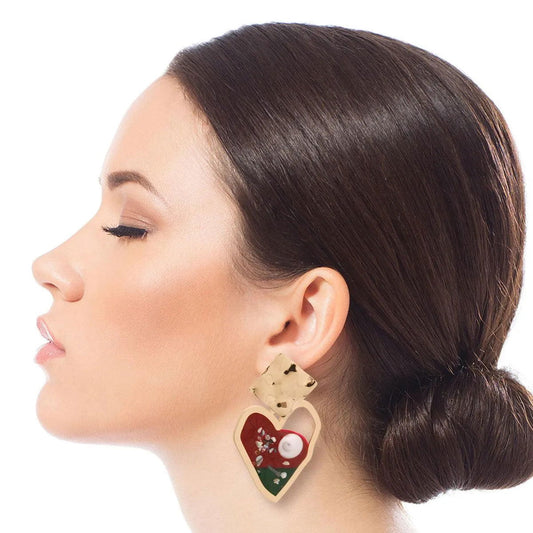 Be Bold and Beautiful: Gold & Crimson Resin Heart Earrings Jewelry Bubble