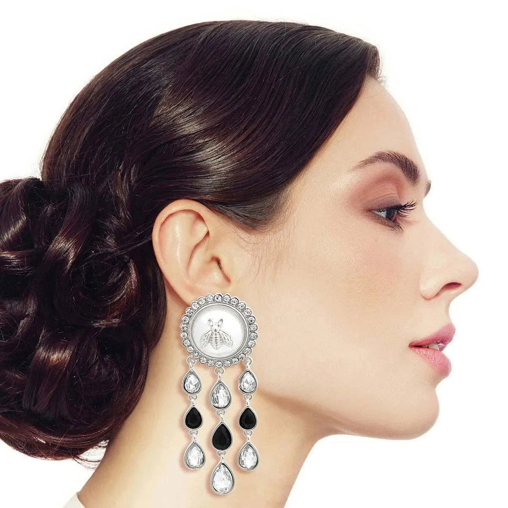 Bee Stud Linked Clear/Black Droplet Dangle Earrings Silver Plated