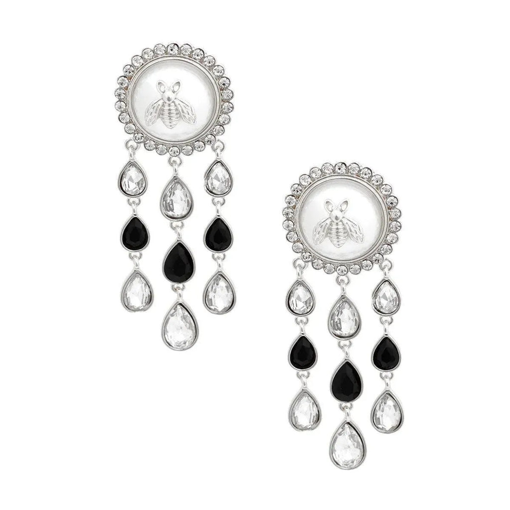 Bee Stud Linked Clear/Black Droplet Dangle Earrings Silver Plated