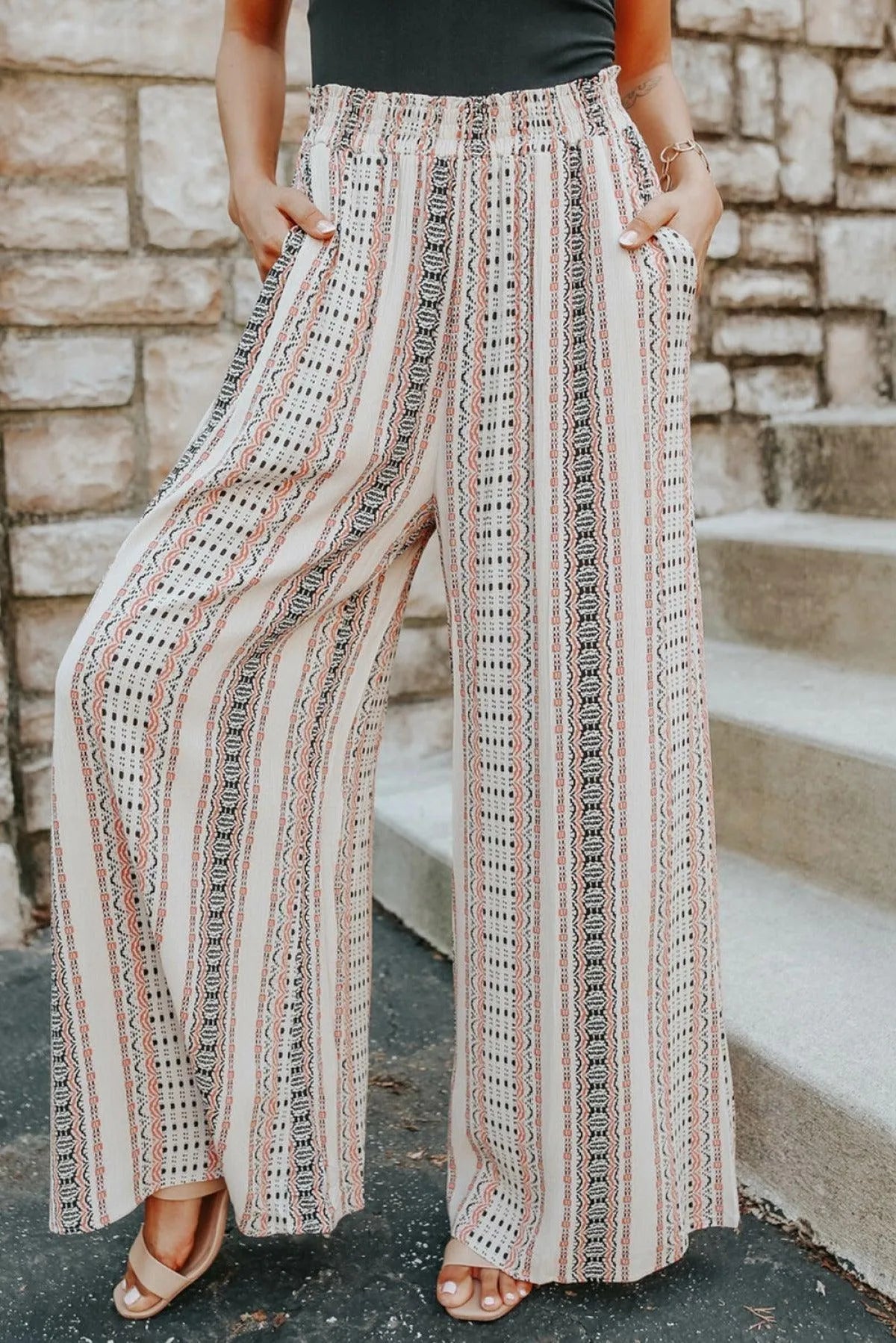 Beige Geometric Pattern Print Shirred Wide Leg Pants Jewelry Bubble