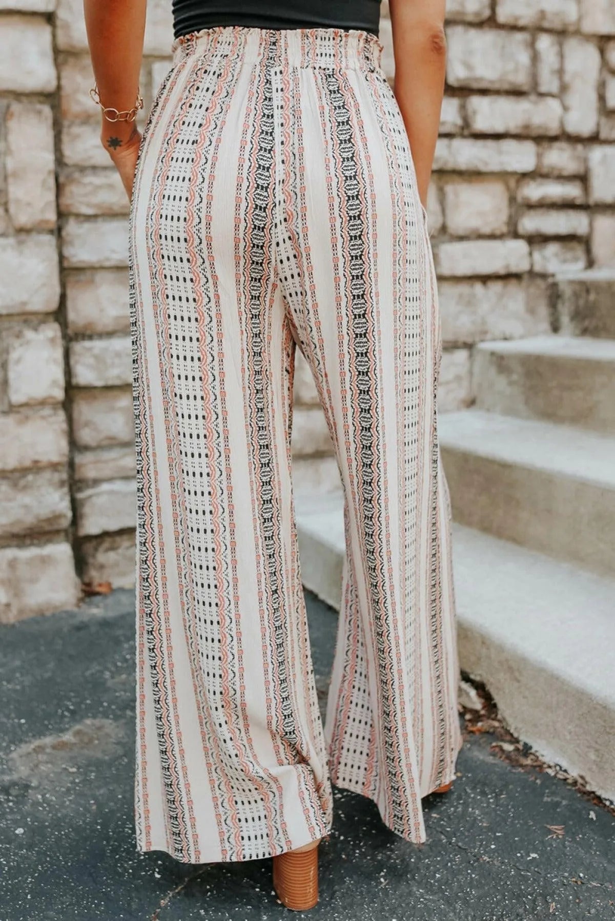 Beige Geometric Pattern Print Shirred Wide Leg Pants Jewelry Bubble