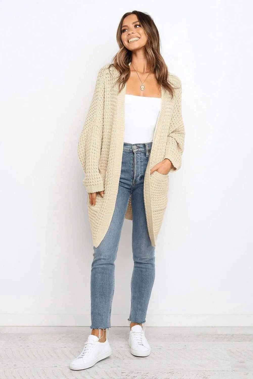 Beige Long Line Open Front Knitted Cardigan With Pockets Jewelry Bubble