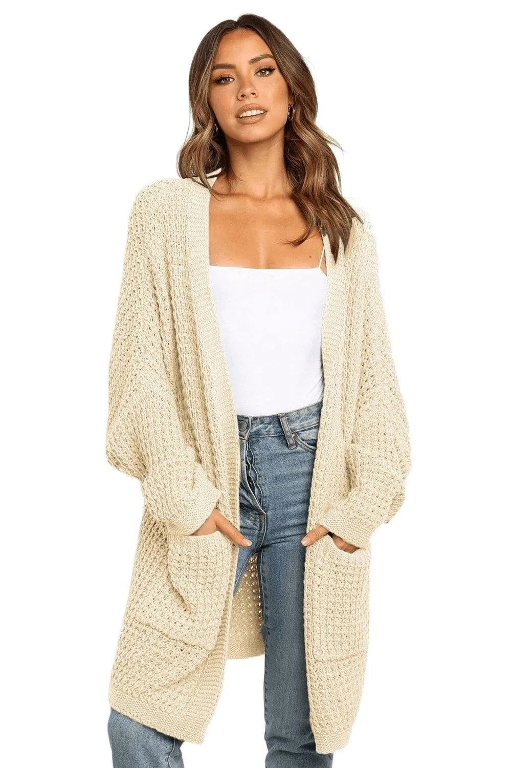 Beige Long Line Open Front Knitted Cardigan With Pockets Jewelry Bubble