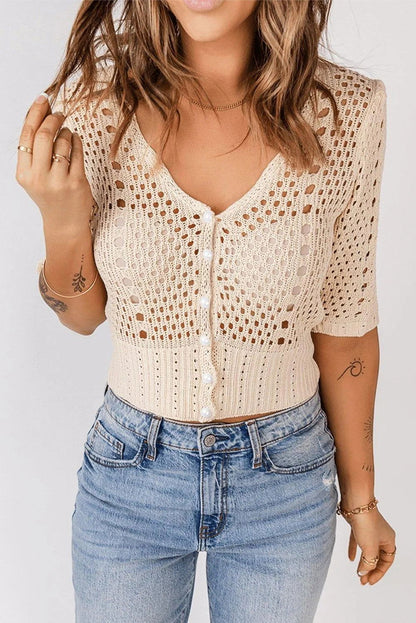 Beige Open-Front Buttons Hollow-Out Knit Crop Top Jewelry Bubble