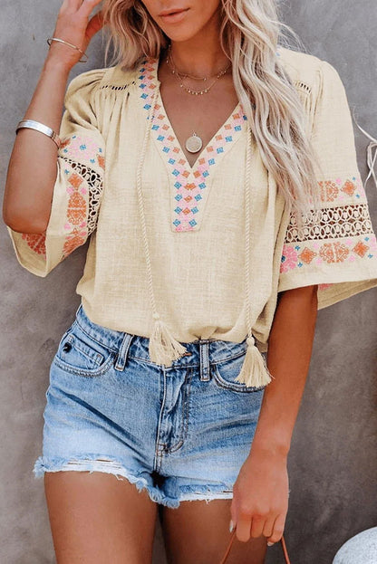 Beige Tassel Drawstring Embroidered Half Sleeve V Neck Top Jewelry Bubble