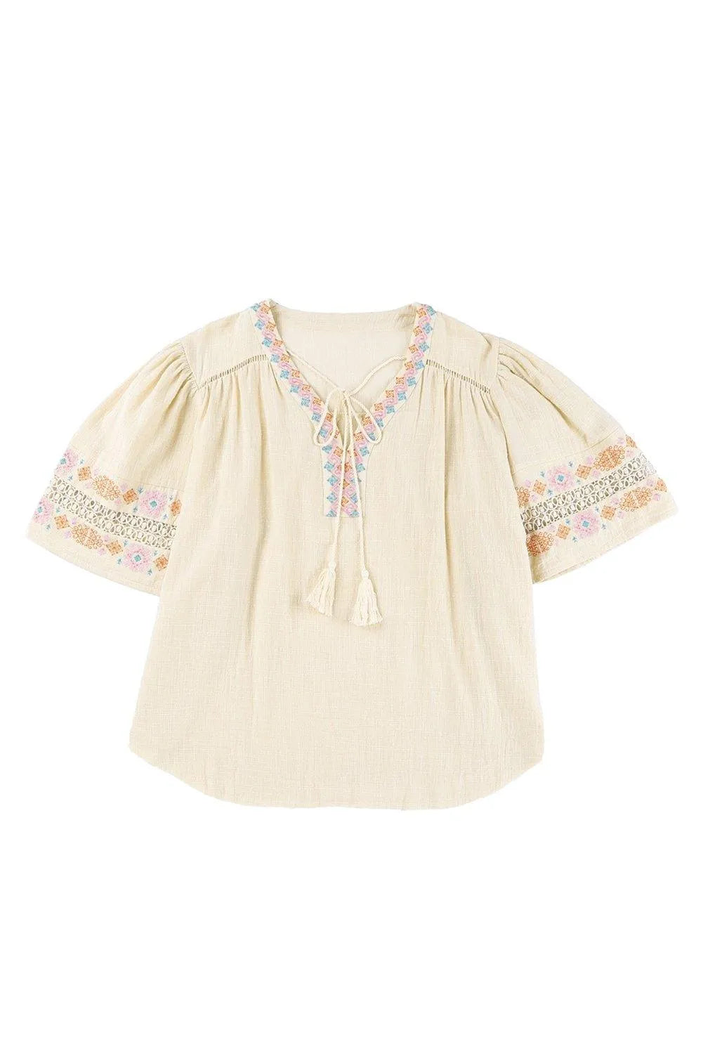 Beige Tassel Drawstring Embroidered Half Sleeve V Neck Top Jewelry Bubble