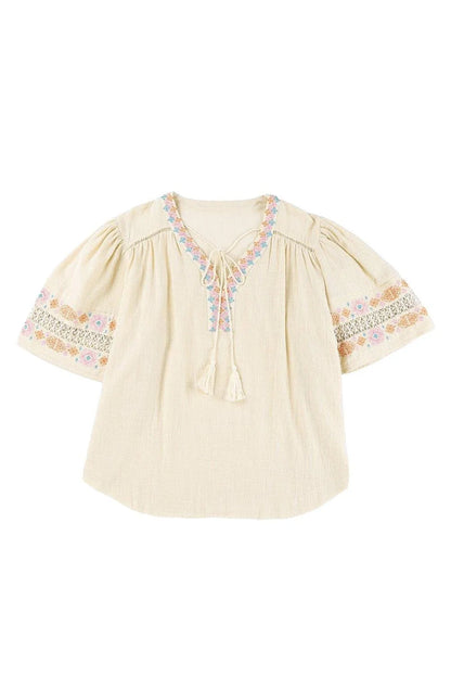 Beige Tassel Drawstring Embroidered Half Sleeve V Neck Top Jewelry Bubble