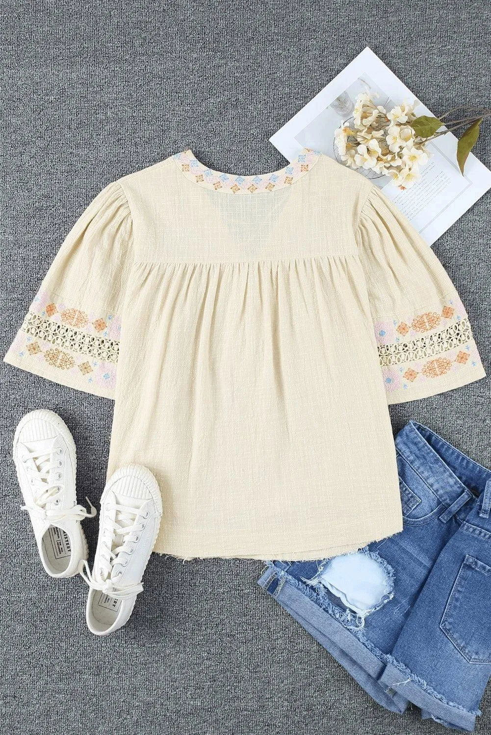 Beige Tassel Drawstring Embroidered Half Sleeve V Neck Top Jewelry Bubble