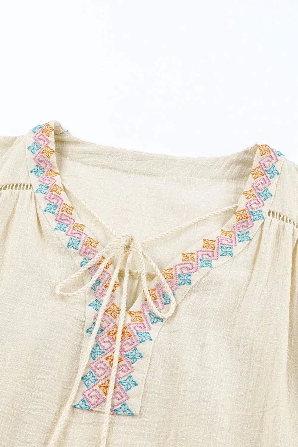 Beige Tassel Drawstring Embroidered Half Sleeve V Neck Top