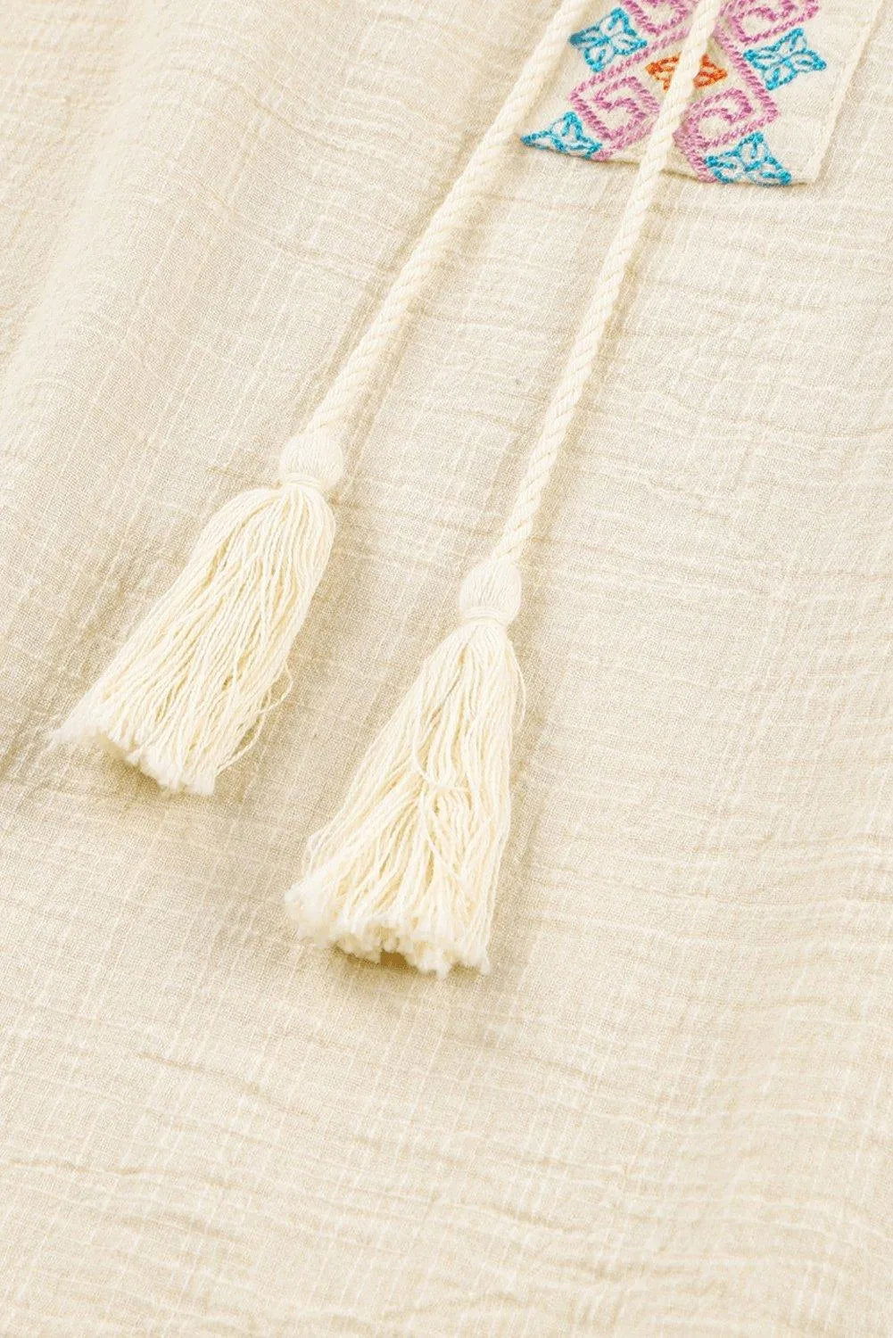 Beige Tassel Drawstring Embroidered Half Sleeve V Neck Top Jewelry Bubble