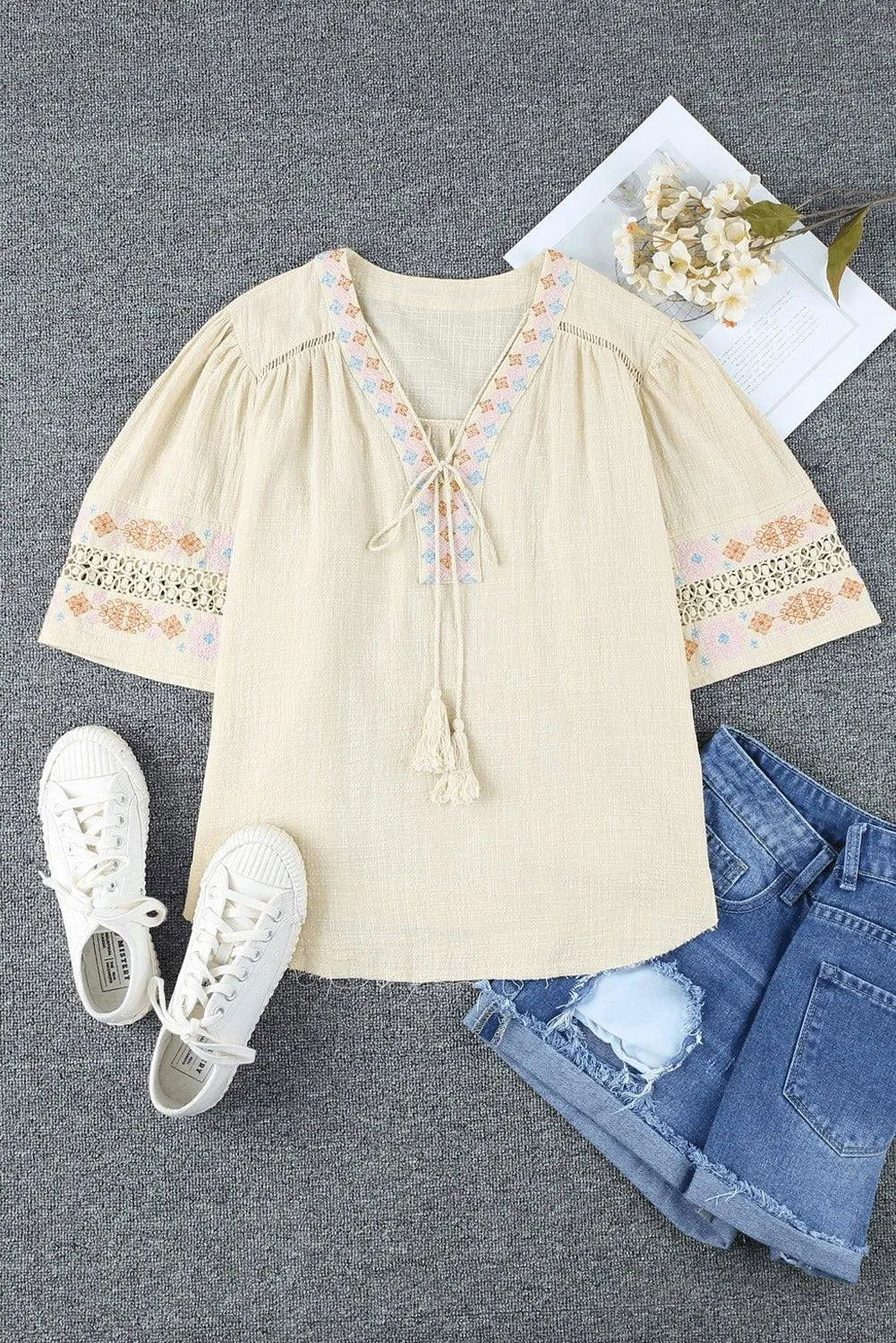 Beige Tassel Drawstring Embroidered Half Sleeve V Neck Top Jewelry Bubble